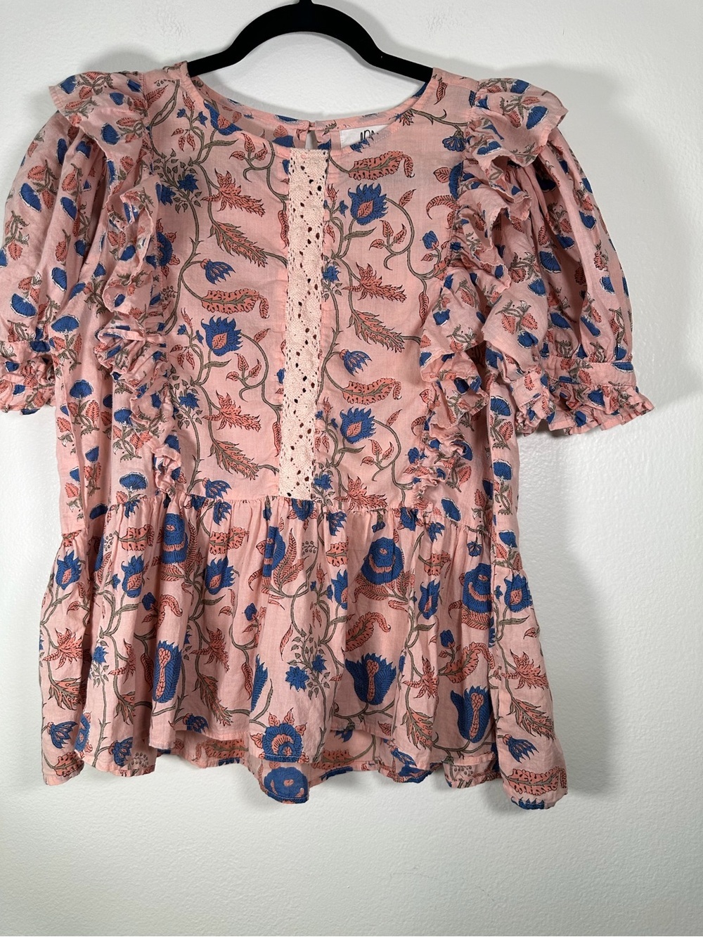 DRA Los Angeles Pink Blue Floral Cotton Cottagecore Peplum Top M